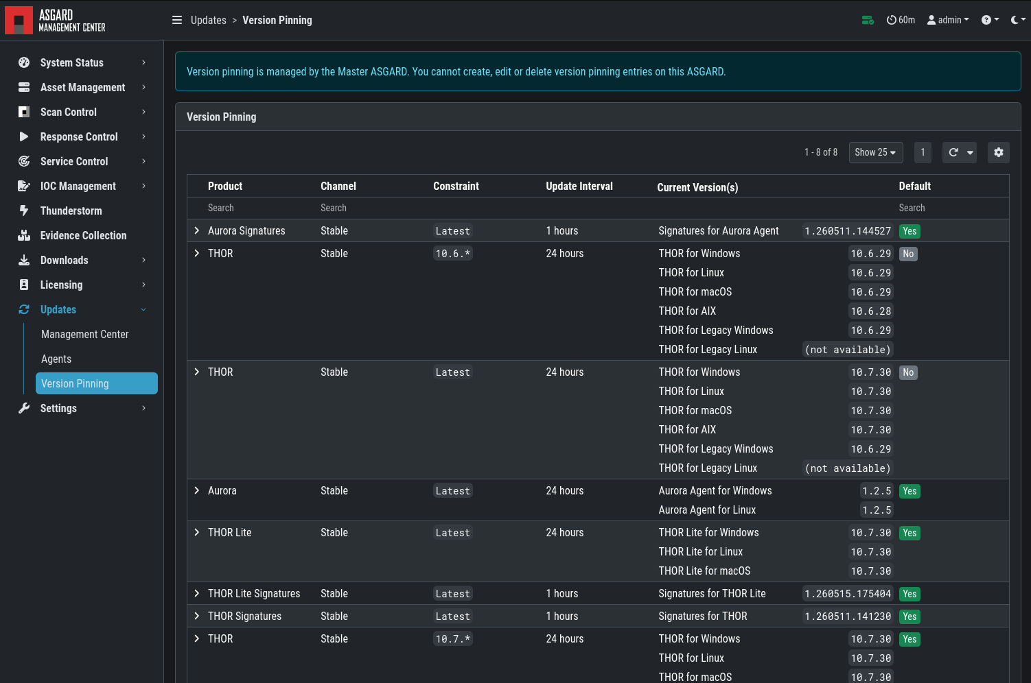 Version Pinning view in a Management Center connected to a Master ASGARD